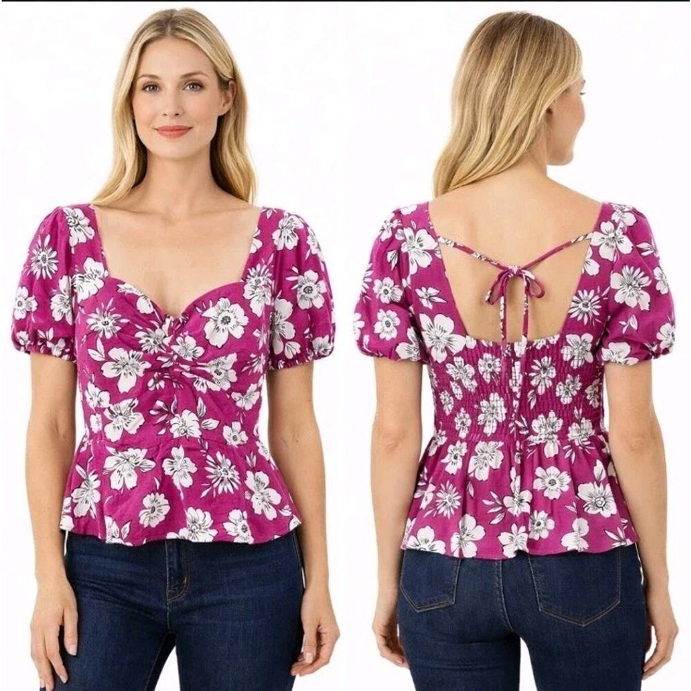 New Linen Lisa Floral Puff Sleeve Blouse Size M Magenta Pink Girly Summer